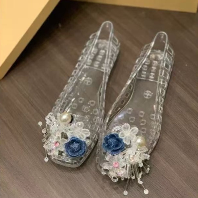 Women'S Accessories Designer - ออกแบบรองเท้า Glamour PVC โปร่งใสอัญมณีออกแบบรองเท้าแตะกลางแจ้ง Pop บัลเล่ต์สแควร์รองเท้าที่ถอดออกได้รองเท้าสีฟ้าดอกไม้