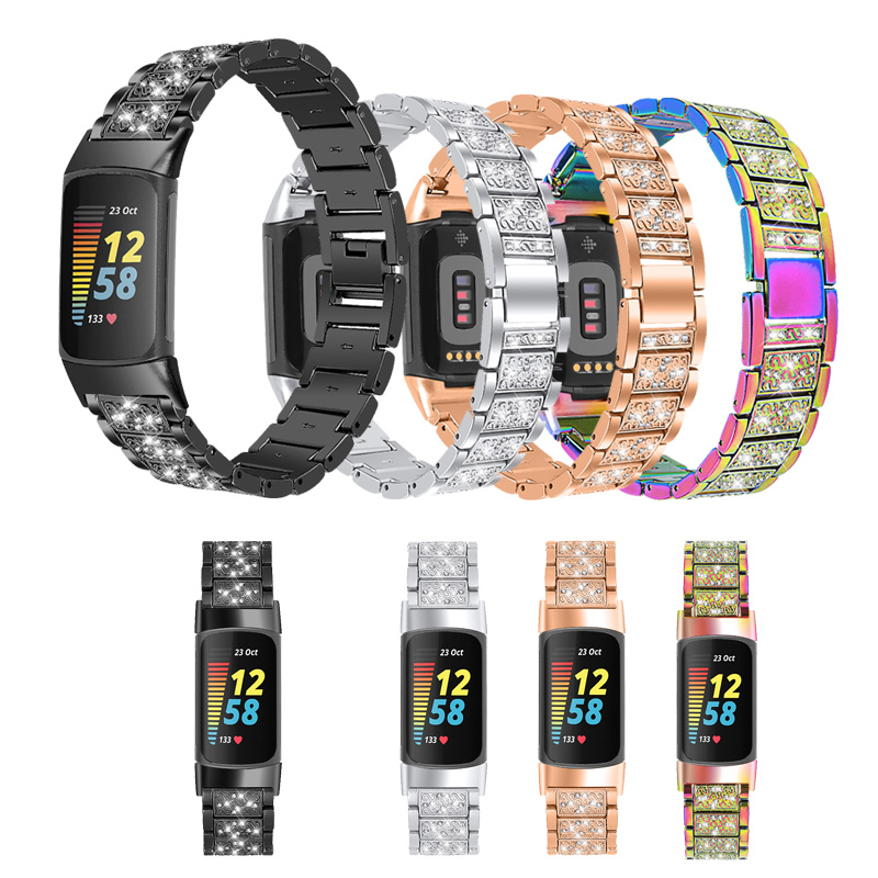 Women Accessories In English - เพชรสแตนเลสสตีลสําหรับ Fitbit Charge 5 ผู้หญิงเลดี้สร้อยข้อมือโลหะสําหรับ Fitbit