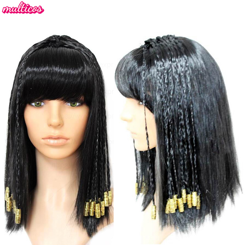 Women Accessories In Egypt - วิกผมคลีโอพัตรา ผู้หญิง ราชินีอียิปต์ ผมสีดำ ประดับลูกปัดสีทอง อุปกรณ์คอสเพลย์คลีโอพัตรา