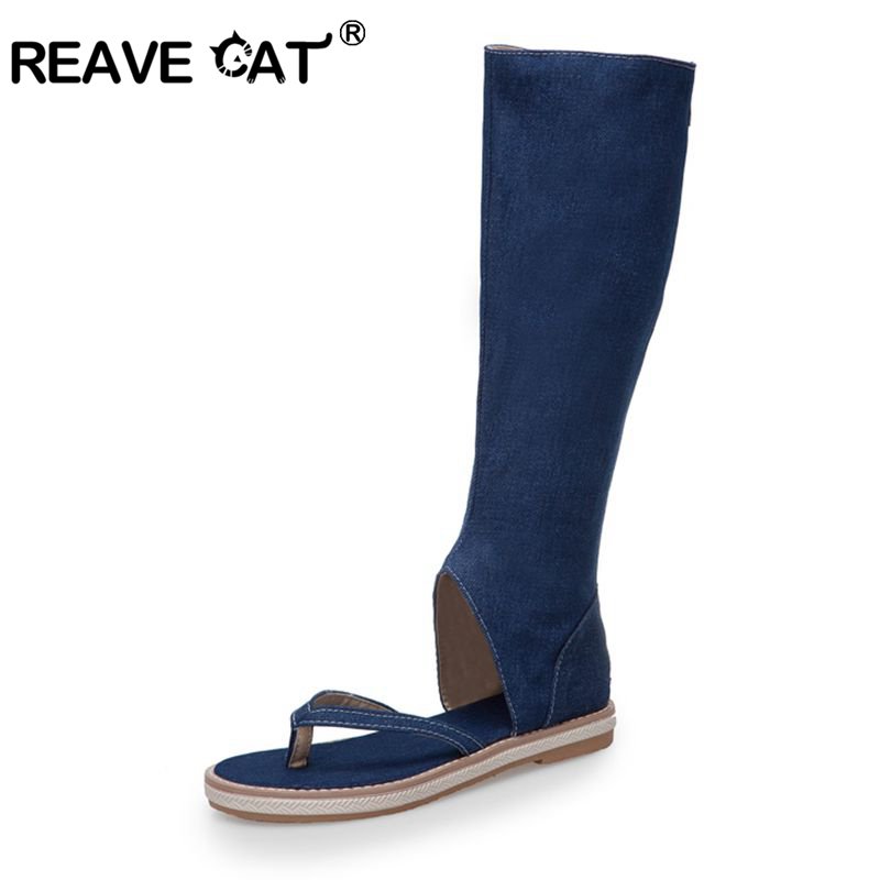 Women'S Jeans Accessories - REAVE แมวรองเท้าคลิปนิ้วเท้ารองเท้าแตะกางเกงยีนส์สีฟ้าแบนรองเท้าผู้หญิงฤดูร้อน Gladiator booties sandalias mujer